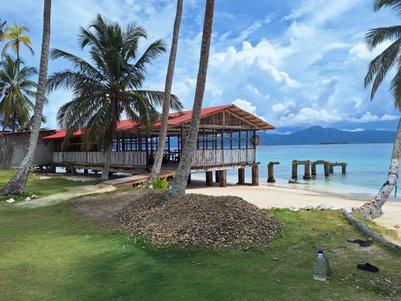 Ein malerisches Strandhaus mit rotem Dach steht am Ufer, umgeben von Palmen und klarem Wasser unter einem blauen Himmel.
