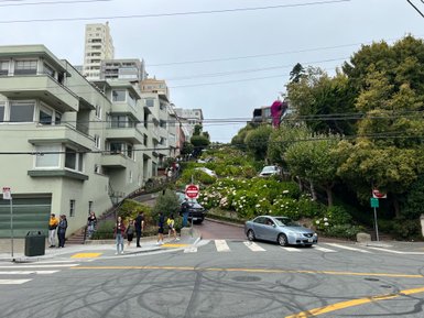 Eine belebte Straße in San Francisco mit steilen Hügeln, umgeben von blühenden Pflanzen und modernen Wohngebäuden.