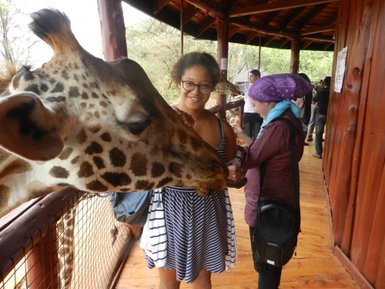 Eine Giraffe beugt sich über eine Frau, die in einem gestreiften Kleid lächelt, während sie Futter in der Hand hält.