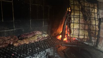 Ein Grill mit verschiedenen Fleischstücken, die über glühenden Kohlen zubereitet werden, strahlt ein einladendes Aroma aus.