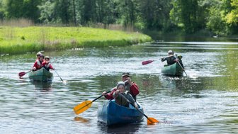 Fünf Personen paddeln fröhlich in Kanus auf einem ruhigen Gewässer, umgeben von üppigem Grün und strahlendem Sonnenschein.