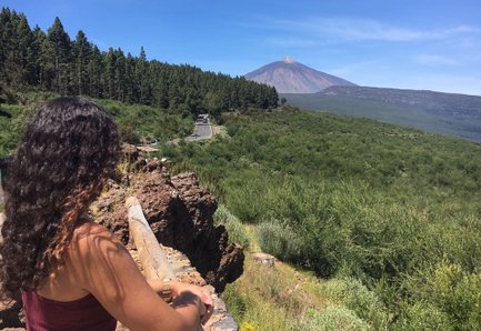 Eine Person mit lockigem Haar steht an einer Steinmauer und blickt auf die grüne Landschaft und den Teide-Vulkan im Hintergrund.