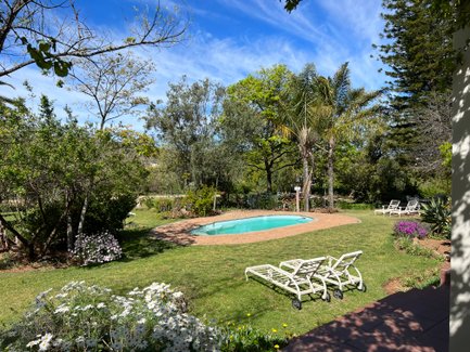 Ein einladender Pool umgeben von üppigem Grün und bunten Blumen, ideal für entspannende Tage im Freien.