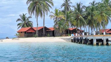 Ein abgelegener Strand mit einer Reihe von traditionellen Hütten unter hohen Palmen, untermalt von sanften Wellen des turquoise Wassers.