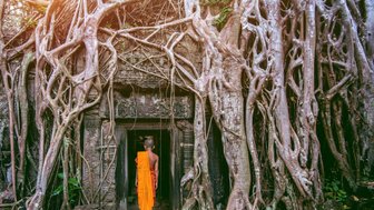 Junger Mönch vor den Ruinen des Ta Prohm Tempels – Kambodscha Familienreise