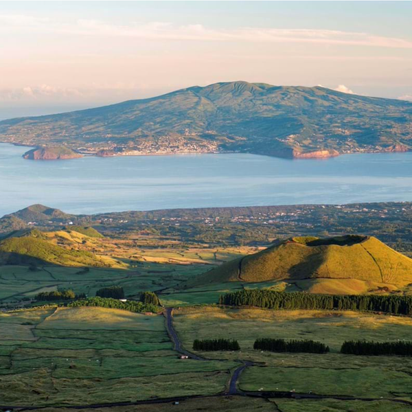 Eine atemberaubende Aussicht auf die grüne Landschaft und den Ozean, mit sanften Hügeln und einem majestätischen Berg im Hintergrund.