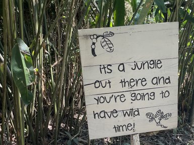 Ein handgemaltes Schild im Dschungel, das Besucher einlädt, die Wildnis zu erkunden und Spaß zu haben.