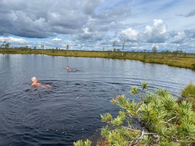 Zwei Personen schwimmen in einem ruhigen, dunklen Gewässer, umgeben von einer malerischen Moorlandschaft und bewölktem Himmel.
