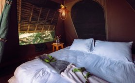 Ein gemütliches Zeltinnere mit einem großen Bett, umgeben von sanften Farben und einer warmen Atmosphäre.