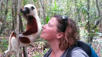 Eine Frau steht in einem dichten Wald und schaut liebevoll zu einem Sifaka, der an einem Baumstamm klettert.