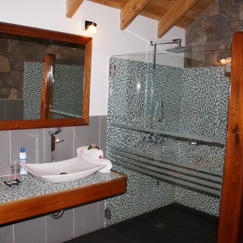 Ein modernes Badezimmer mit einem eleganten Waschbecken und einer großen, verglasten Dusche, umgeben von stilvollen Fliesen.