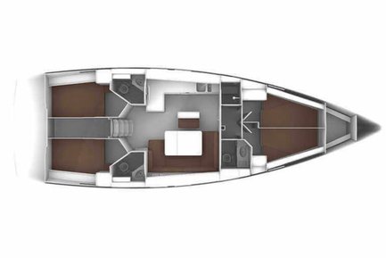 Der Grundriss eines eleganten Yachtschiffs zeigt eine geräumige Kabine mit einem Doppelbett und gemütlichen Sitzbereichen.