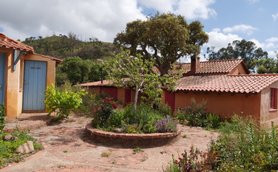 Ein malerischer Garten mit bunten Blumen umgibt rustikale Hütten mit roten Türen und einem blauen Eingang.
