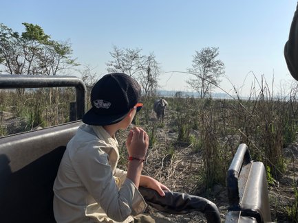 Ein Junge sitzt in einem Geländewagen und beobachtet neugierig ein Wasserbüffel in der Ferne, umgeben von trockener Vegetation.