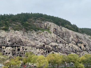 Die beeindruckenden Longmen-Grotten sind in den Felsen eingebettet, umgeben von üppigem Grün und einem bewölkten Himmel.
