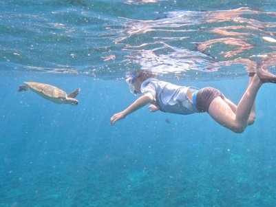 Kind schnorchelt und sieht eine Schildkröte unter Wasser – Bali Familienreise