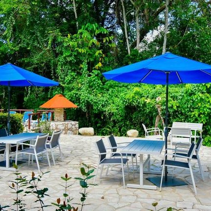 Ein einladender Außenbereich mit blauen Sonnenschirmen und modernen Möbeln, umgeben von üppigem Grün und blühenden Pflanzen.