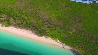 Eine atemberaubende Küstenlandschaft mit klarem, türkisfarbenem Wasser und einem ruhigen, sandigen Strand im Vordergrund.