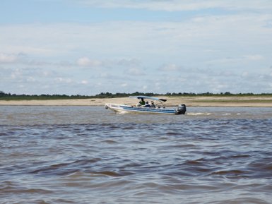 Ein motorisiertes Boot durchquert das braune Wasser des Amazonas mit Sandstränden im Hintergrund.