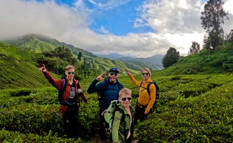 Familie hält einen Moment mit einem Selfie vor der grünen Landschaft der Cameron Highlands fest – Malaysia & Borneo mit Kindern