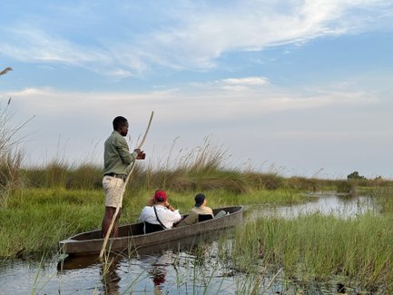 Ein Bootsführer steht in einem schmalen Kanu und lenkt die Gruppe durch das grüne Wasser des Okavango-Deltas.
