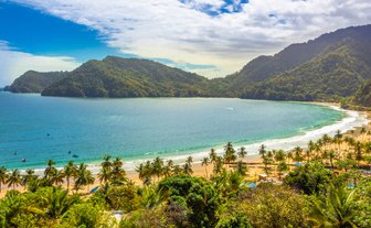 Ein atemberaubender Blick auf die Küste von Maracas Bay, umgeben von üppigen Bergen und klarem, blauem Wasser.