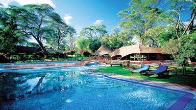 Ein glitzernder Pool spiegelt die üppige grüne Landschaft und die blauen Himmel über dem Lake Naivasha Resort wider.