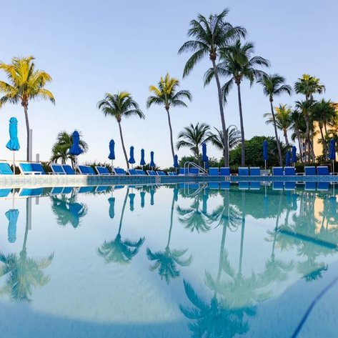 Ein glitzernder Pool spiegelt die Palmen und den blauen Himmel wider, umgeben von Liegen mit blauen Sonnenschirmen.