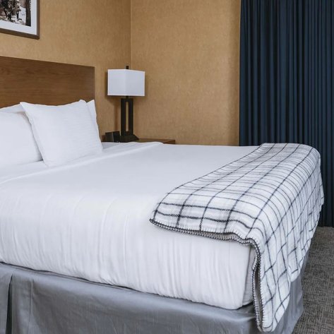 Ein gemütliches Hotelzimmer mit einem großen Bett, weißen Kissen und einer karierten Decke, umgeben von warmen Farben.
