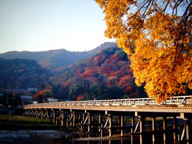 Eine malerische Brücke erstreckt sich über einen ruhigen Fluss, umgeben von buntem Herbstlaub und sanften Hügeln.