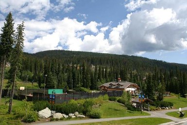 Eine malerische Lodge umgeben von hohen Bäumen und sanften Hügeln unter einem strahlend blauen Himmel mit Wolken.
