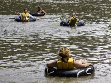 Fünf Personen treiben entspannt auf Reifen in einem ruhigen Fluss, umgeben von üppigem Grün und einem friedlichen Ambiente.