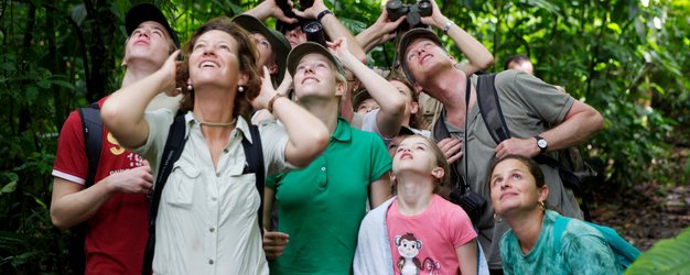 Familien beobachten aufmerksam die Tierwelt mit Ferngläsern im Regenwald – Costa Rica Familienreise