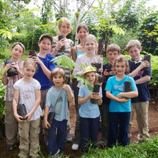 Gruppe von Kindern mit Mini-Bäumen zum Pflanzen – Costa Rica mit Kindern