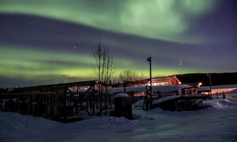 Ein atemberaubendes Nordlicht erhellt den Nachthimmel über einer verschneiten Landschaft mit Holzstrukturen im Vordergrund.