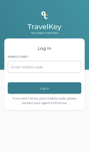 Die Anmeldeseite der TravelKey-App zeigt ein Eingabefeld für den Mobilcode und einen Anmeldebutton.