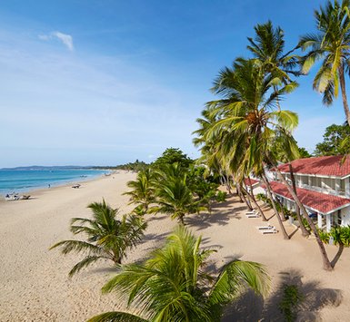 Ein sonniger Strand mit feinem Sand, umgeben von Palmen und einem klaren blauen Meer, ideal für einen entspannten Urlaub.