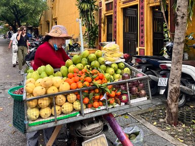 Bunter Obststand auf dem Markt in Hoi An – Vietnam Familienreise