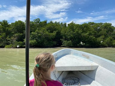  Kinder genießen eine Bootsfahrt durch grüne Landschaft – Mexiko Reise mit Kindern