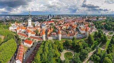 Eine beeindruckende Panoramaansicht von Tallinn mit roten Dächern und historischen Türmen, umgeben von üppigem Grün.