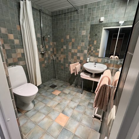 Ein modernes Badezimmer mit gefliesten Wänden in sanften Grüntönen, ausgestattet mit Dusche, Waschbecken und WC.