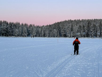 Eine Person in einem orangefarbenen Anzug gleitet über eine schneebedeckte Fläche, umgeben von verschneiten Bäumen.