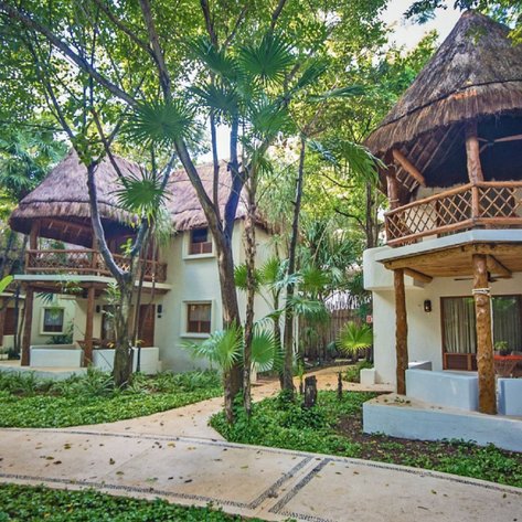 Zwei charmante, strohgedeckte Gebäude umgeben von üppigem Grün und Palmen, die eine entspannte Atmosphäre schaffen.