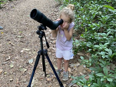 Mädchen beobachtet Tiere mit Fernglas im Carara-Nationalpark – Costa Rica Reise mit Kindern