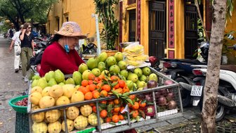 Bunter Obststand auf dem Markt in Hoi An – Vietnam Familienreise