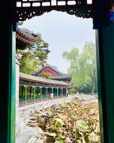 Durch einen kunstvoll verzierten Rahmen sieht man einen malerischen Garten mit verwelkten Seerosen und einem historischen Gebäude.