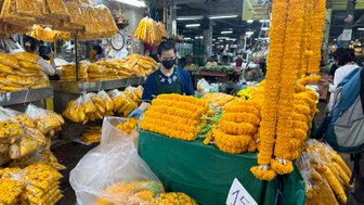 Strahlend gelbe Blüten auf dem Pad Klong Talad Markt – Thailand Reise mit Kindern