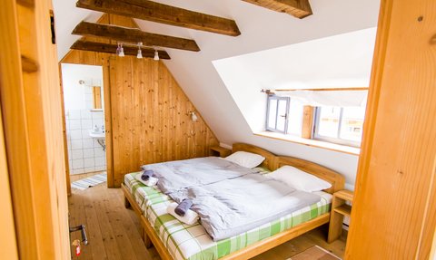 Ein gemütliches Schlafzimmer mit zwei Betten, Holzdecken und einem Fenster, das Tageslicht hereinlässt.