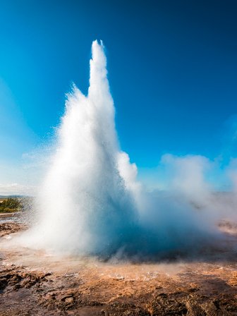 Ein beeindruckender Geysir sprudelt in die Höhe, umgeben von dampfenden Quellen und einer klaren blauen Himmel.