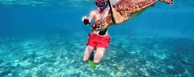 Junge entdeckt eine Meeresschildkröte unter Wasser im Oman – Oman Familienreise